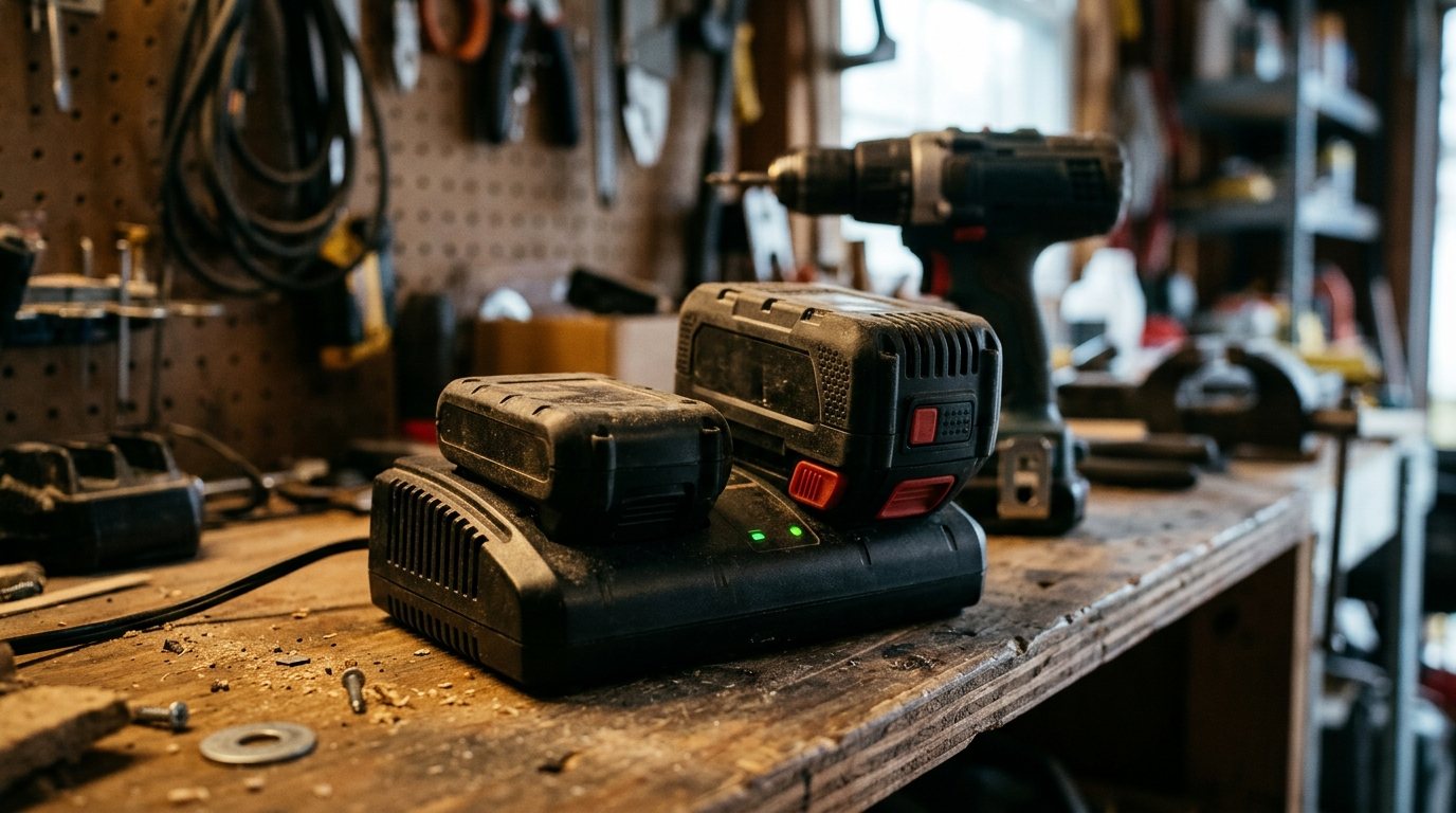 Compact and high-capacity cordless tool batteries on a charger on a garage shelf beside a drill
