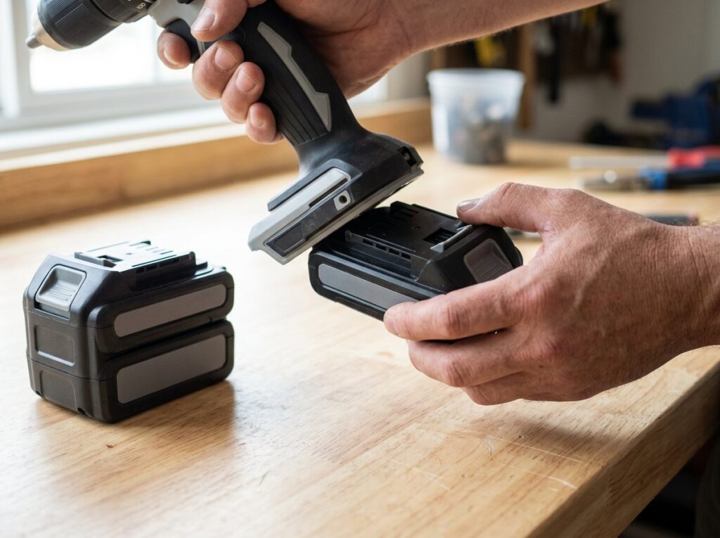Hand attaching a compact battery to a cordless drill with a larger battery pack on the bench