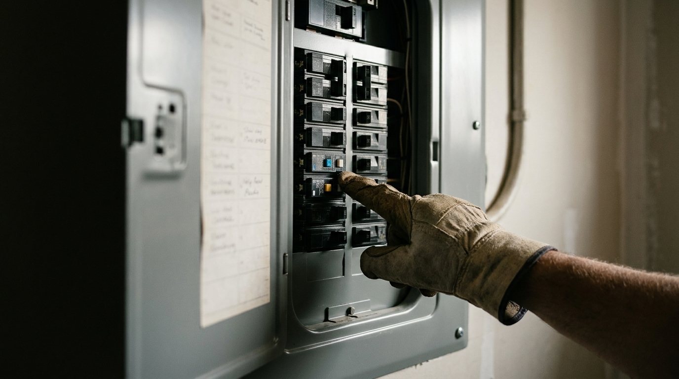 Gloved hand pressing the test button on an arc-fault breaker in an open home electrical panel