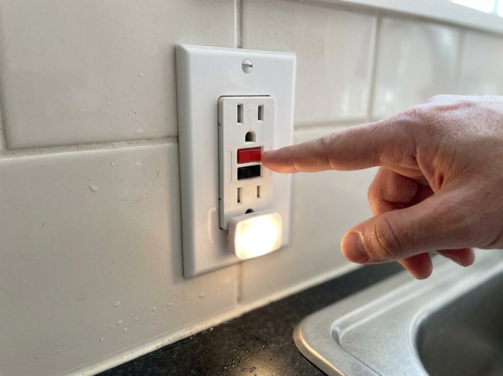 Finger about to press the test button on a GFCI outlet beside a kitchen sink with a nightlight plugged in
