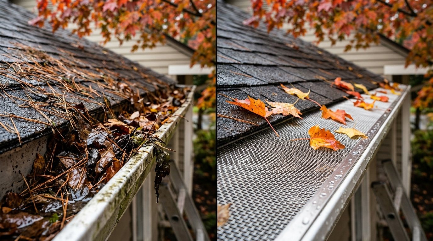 Clogged gutter full of leaves next to a gutter covered by a micro-mesh gutter guard