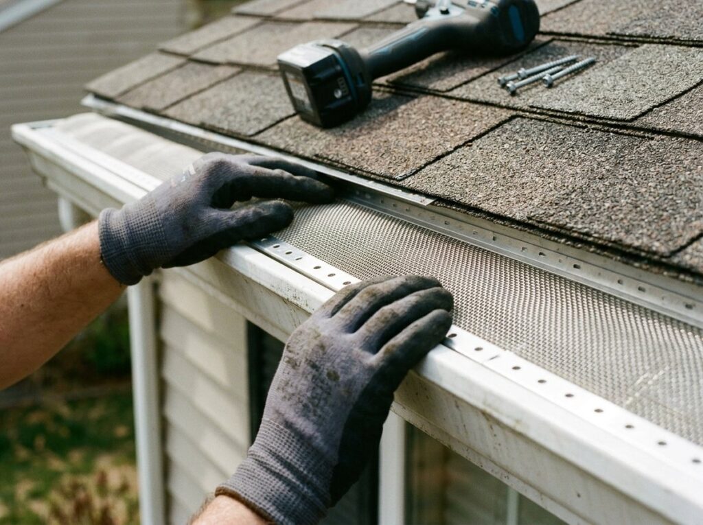 Gloved hands installing a micro-mesh gutter guard on an aluminum gutter at the roof edge