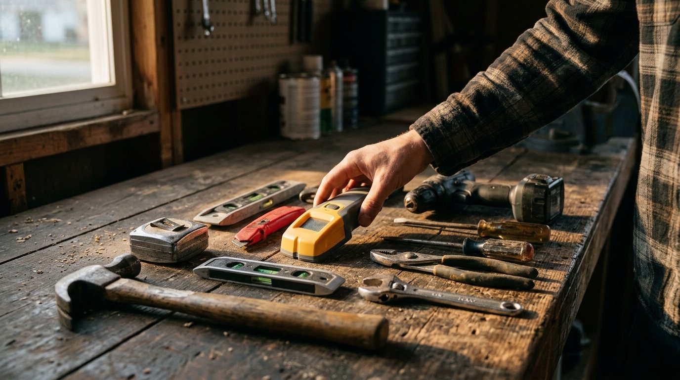Basic home tool kit with hammer, tape measure, pliers, screwdrivers and cordless drill laid out on a wooden workbench