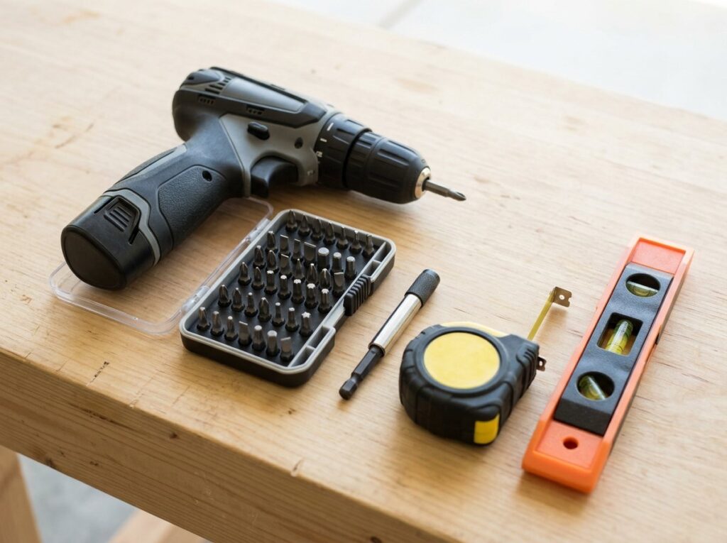 Cordless drill/driver with driver bit set, tape measure and torpedo level on a workbench