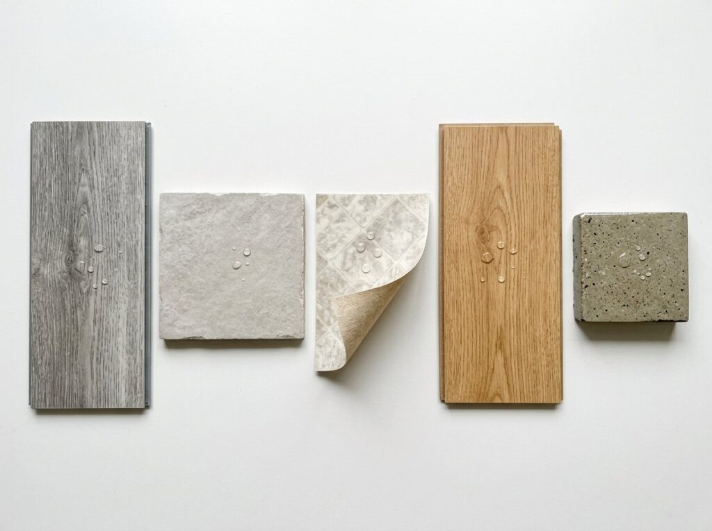 Samples of vinyl plank, porcelain tile, sheet vinyl, laminate and sealed concrete with water droplets