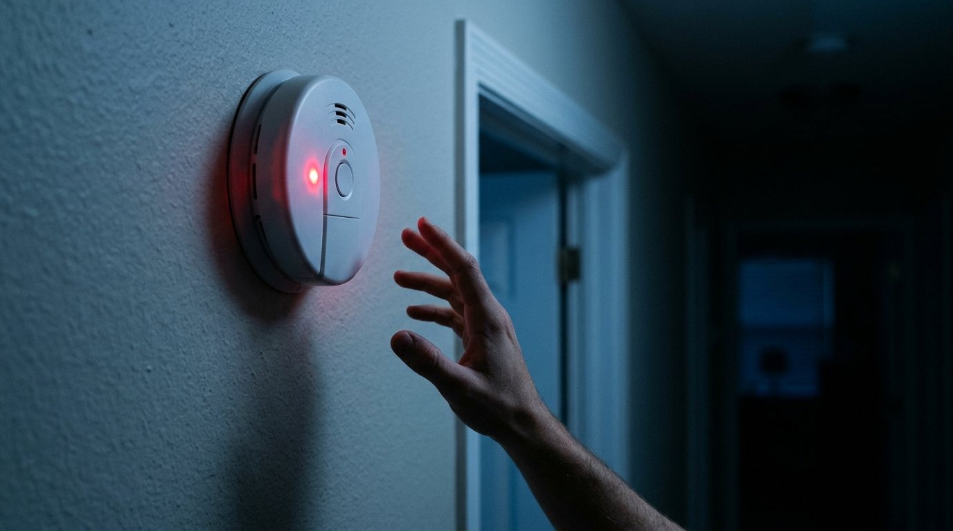 Carbon monoxide alarm glowing red on a dark hallway wall outside a bedroom at night