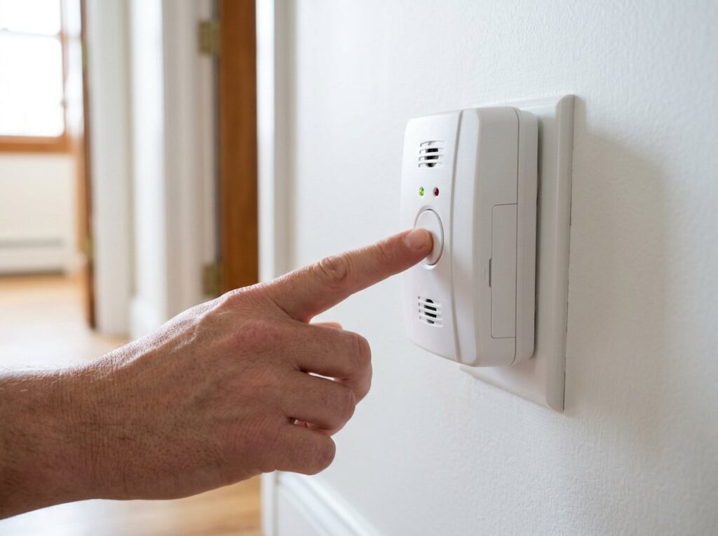 Hand pressing the test button on a carbon monoxide alarm in a hallway outside a bedroom