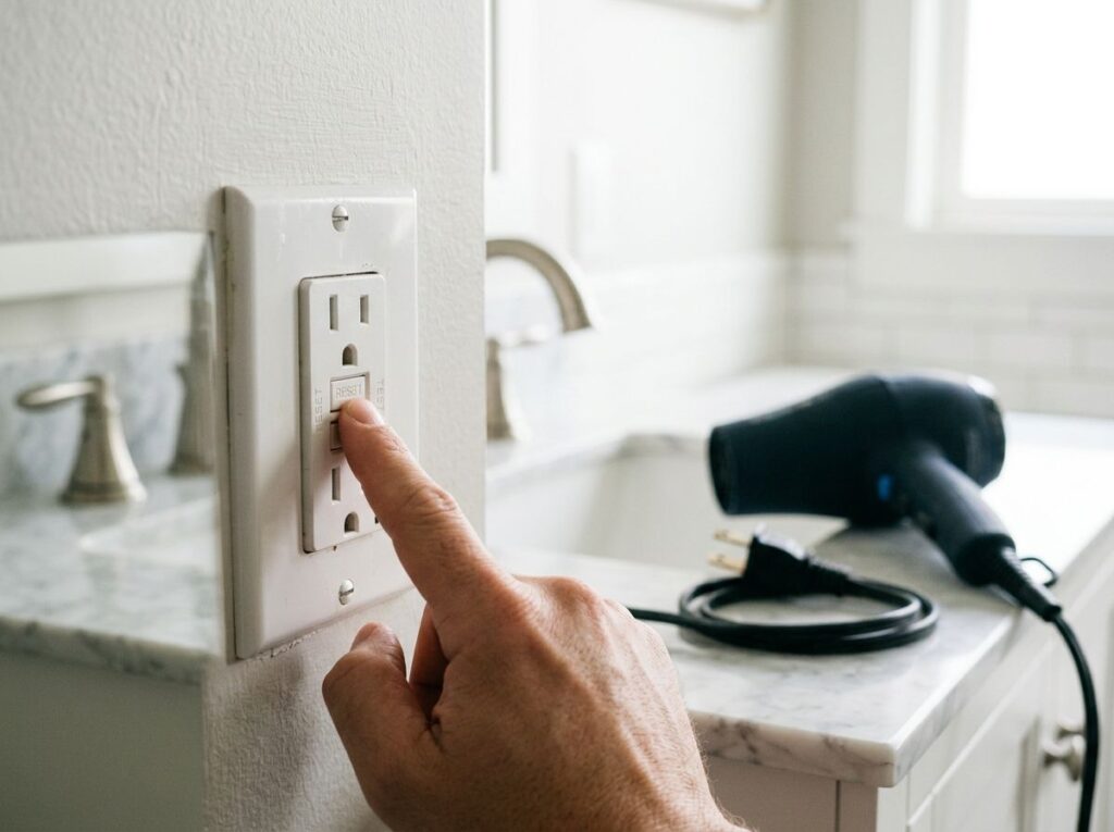Pressing the reset button on a GFCI outlet