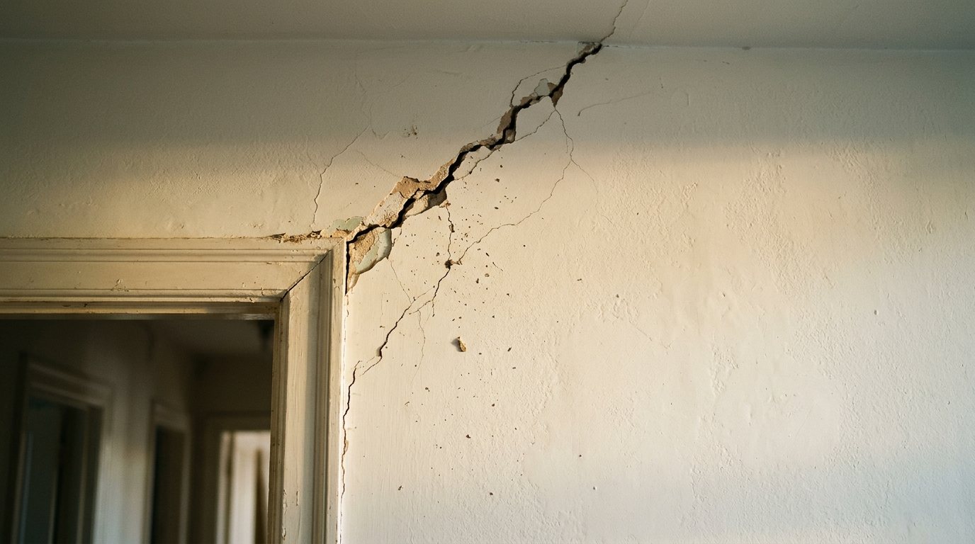 Diagonal crack running from the corner of a doorway up a painted interior wall