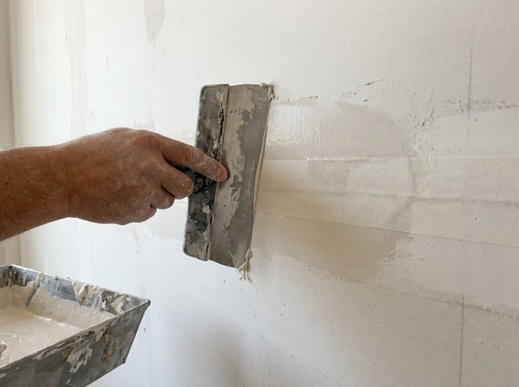 Taping knife smoothing joint compound over paper tape on a drywall crack repair
