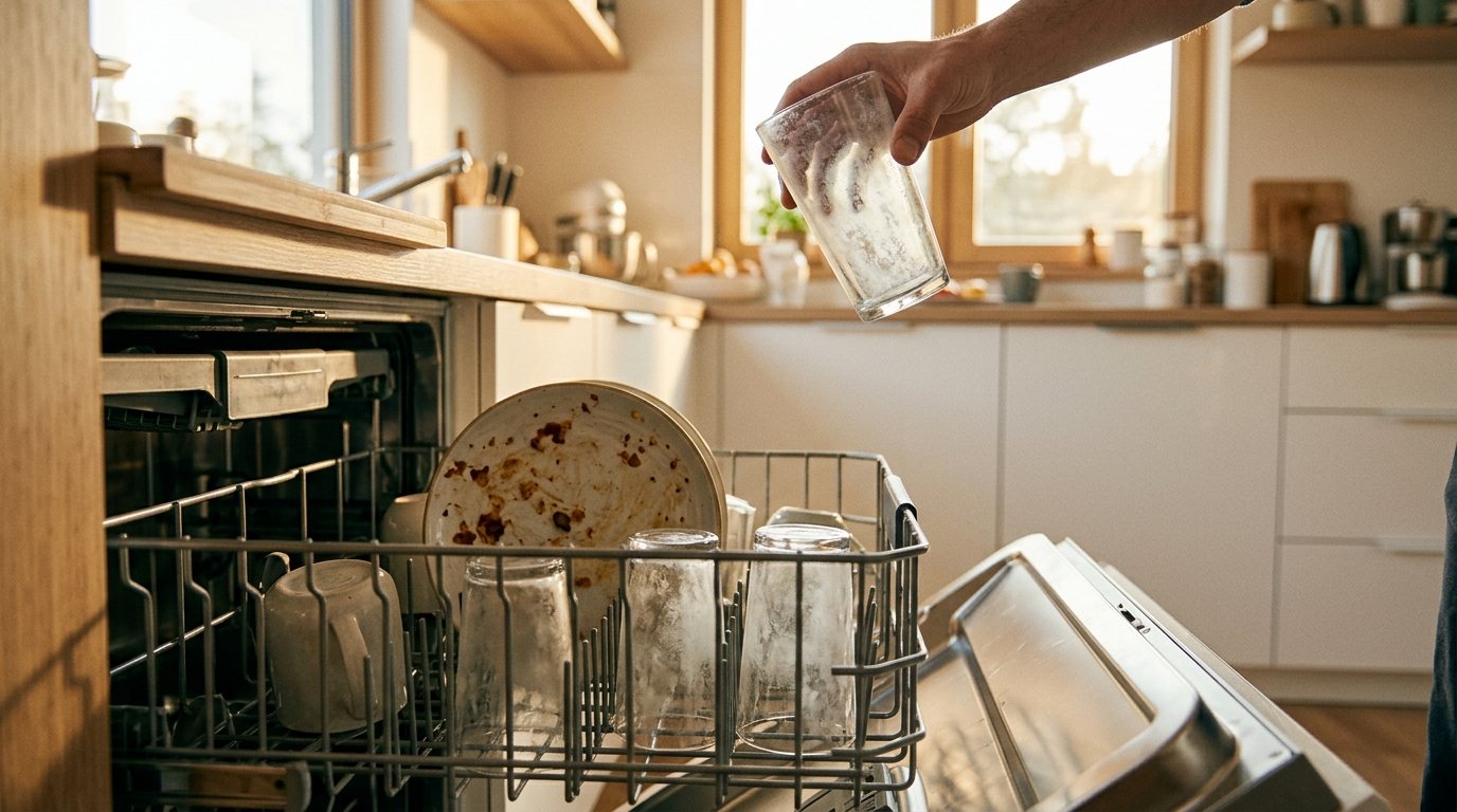 Hand holding a cloudy, filmy drinking glass in front of an open dishwasher rack with dirty plates