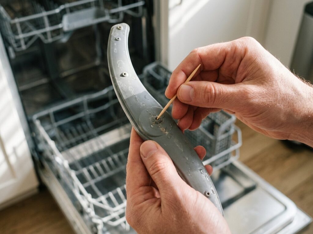 Hands clearing a clogged dishwasher spray arm hole with a toothpick