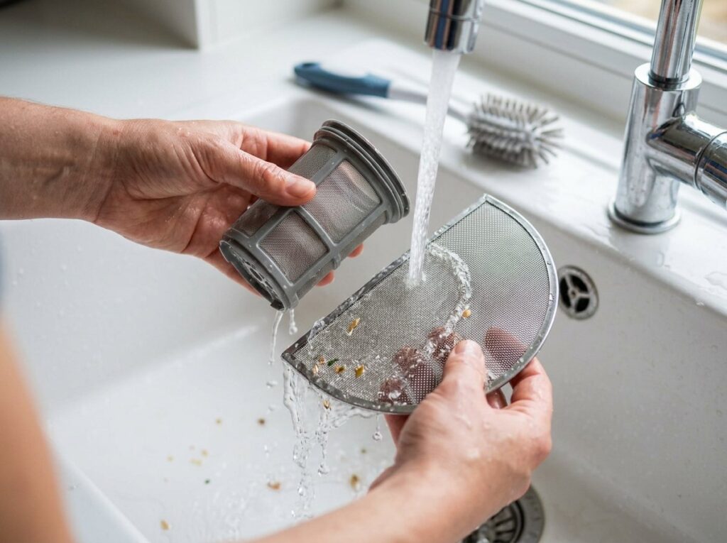 Hands rinsing a dishwasher mesh filter under a kitchen faucet with a soft brush nearby
