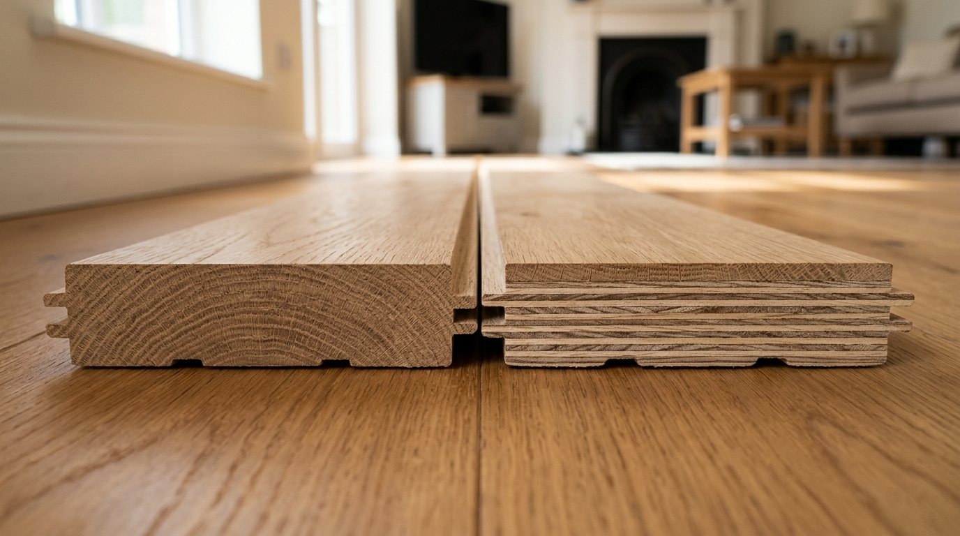 Solid and engineered oak planks on edge showing solid wood versus layered plywood core