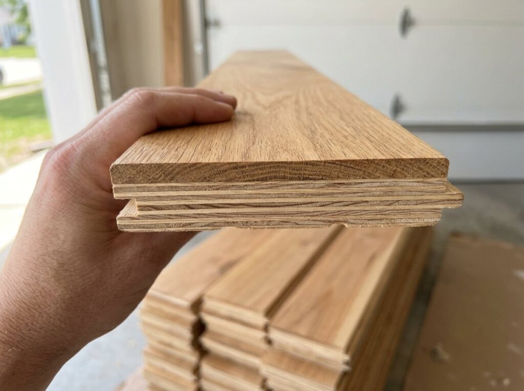 Close-up of an engineered hardwood plank end showing the oak wear layer over a plywood core