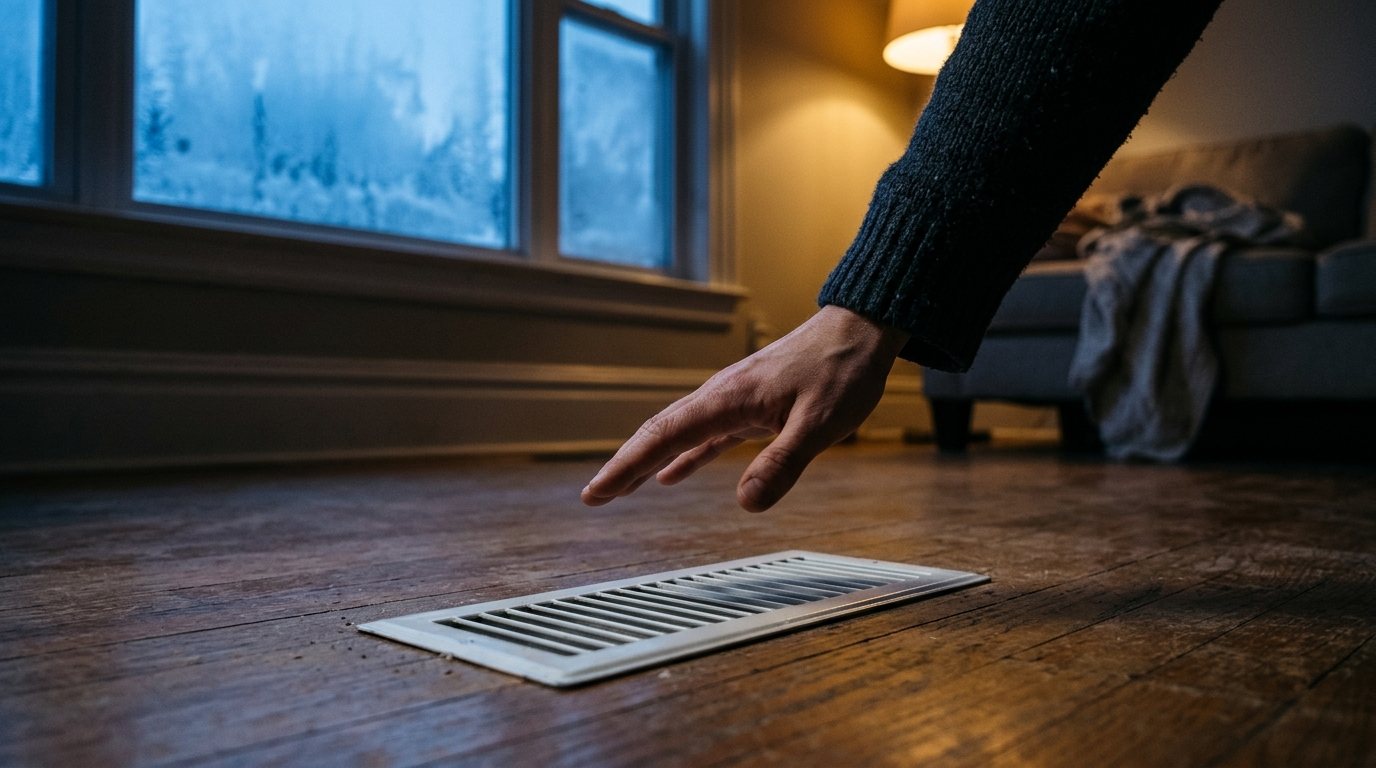 Hand held over a floor heating vent in a cold room with frosted windows, checking a furnace blowing cold air