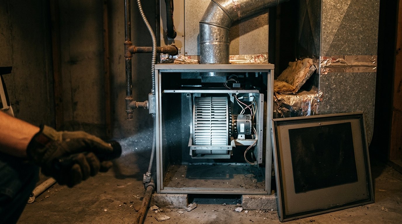 Flashlight beam lighting up the blower inside an open gas furnace in a dim basement to find a noise