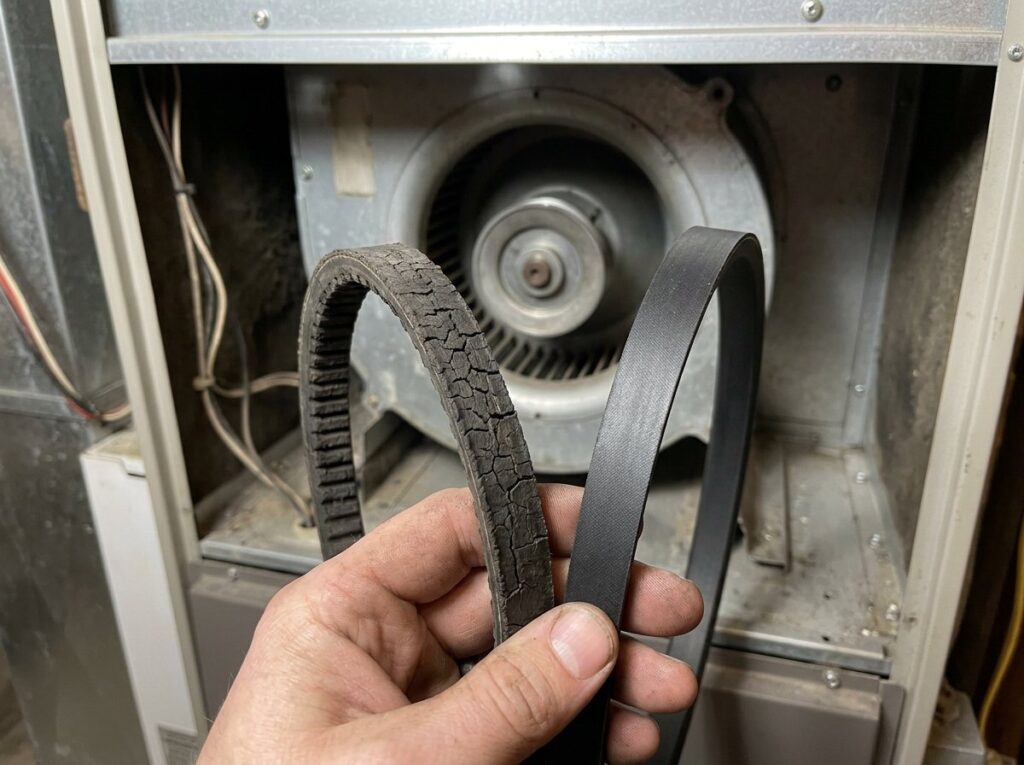 Worn cracked furnace blower belt held beside a new belt in front of an open blower compartment