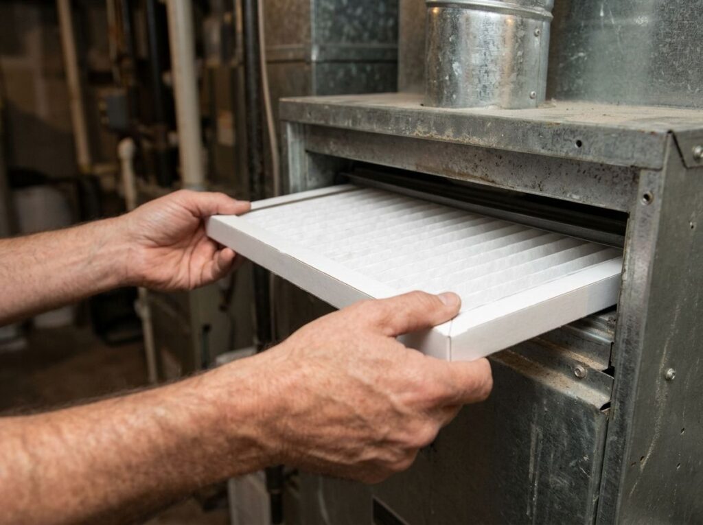 Hands sliding a new pleated air filter into a furnace