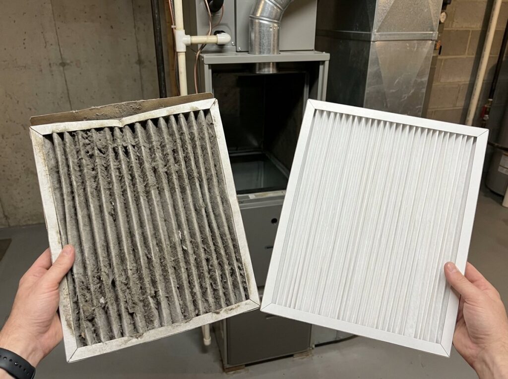 Dirty clogged furnace filter held beside a clean new filter in front of a furnace filter slot