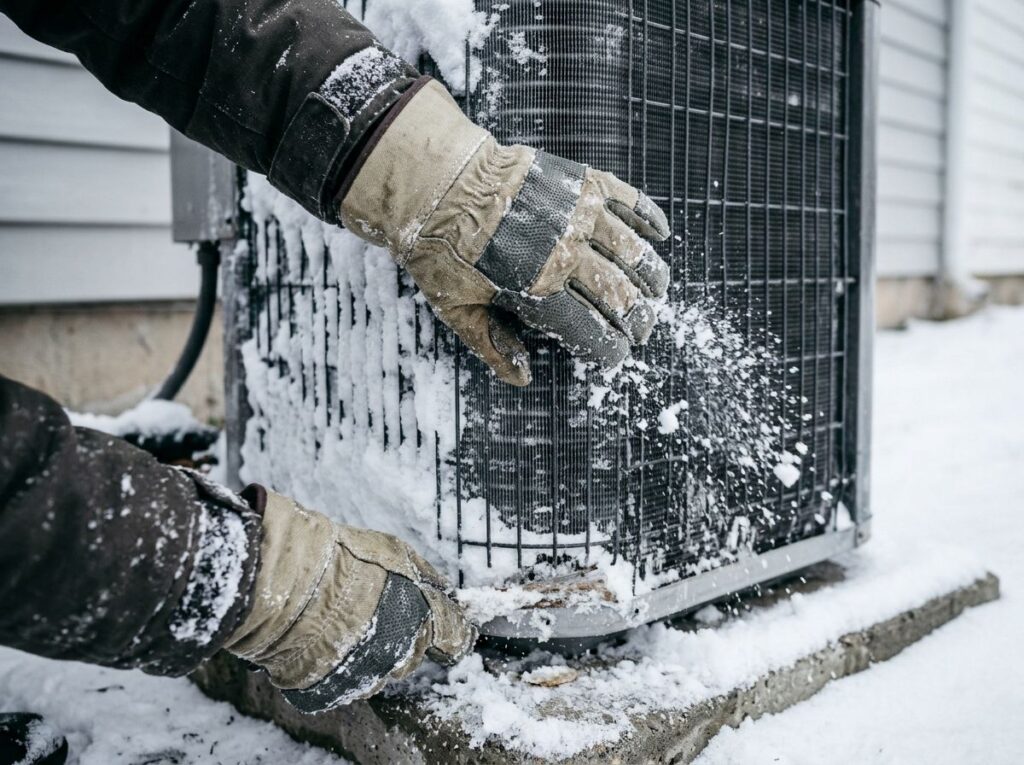 Gloved hands clearing snow away from an outdoor heat pump