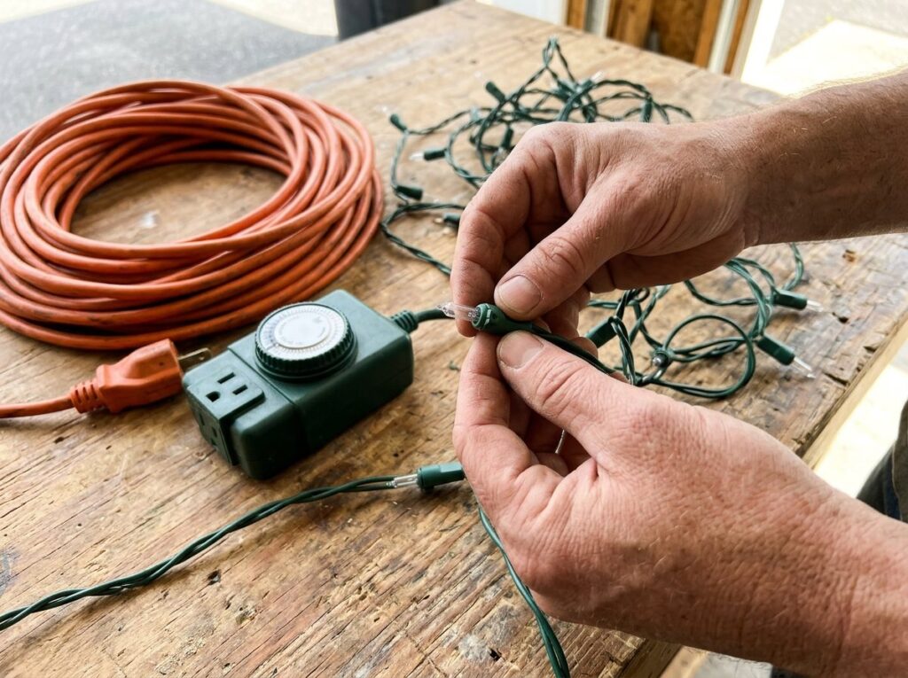 Hands inspecting a strand of holiday lights next to an outdoor extension cord and a plug-in timer