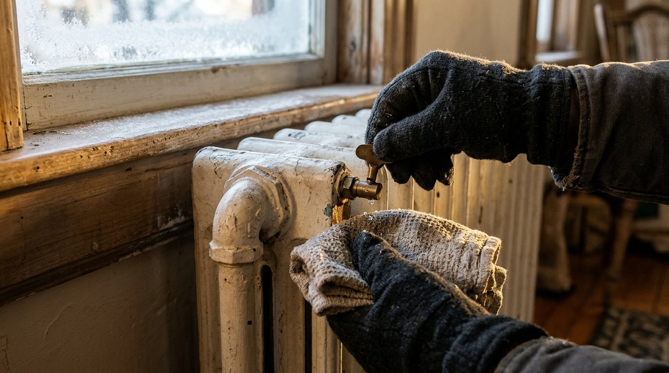 Gloved hand using a radiator key to bleed a white cast-iron radiator beneath a frosty window