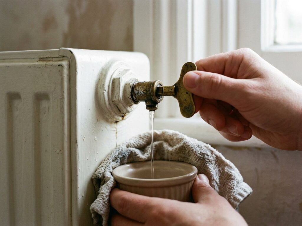 Radiator key in a bleed valve with a cloth and small dish catching water from the radiator
