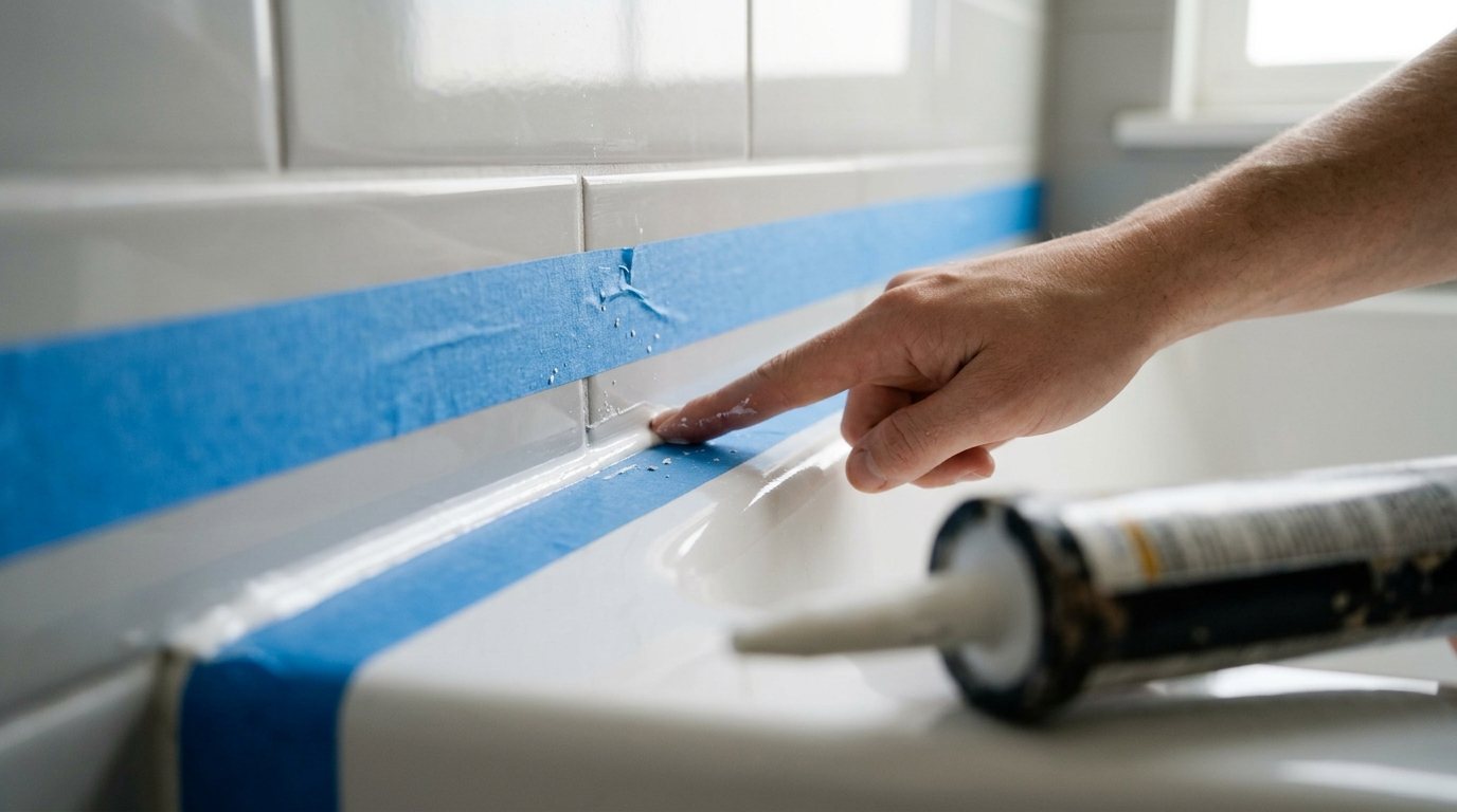 Hand smoothing a fresh white caulk bead between a bathtub and tile wall with painter's tape on both sides