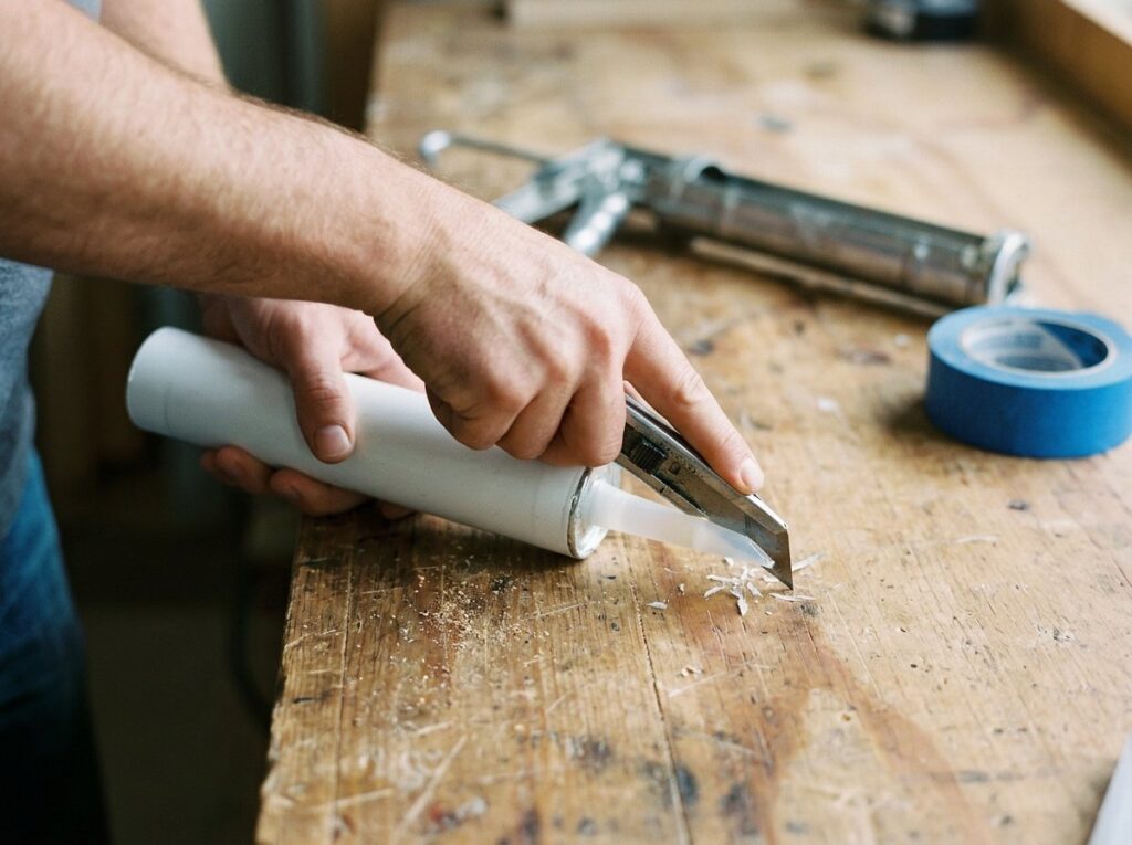 Caulk tube nozzle being cut at a 45 degree angle with a utility knife next to a caulk gun