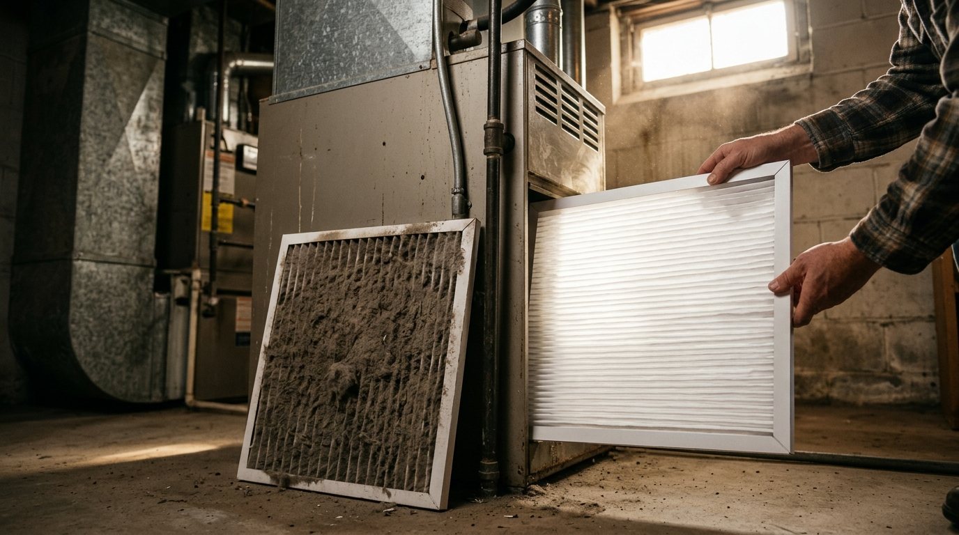 Hands sliding a clean white pleated filter into a furnace slot next to a dust-caked old filter