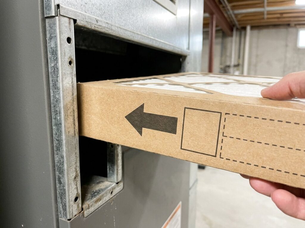 Airflow arrow on a furnace filter frame pointing toward the furnace as the filter is inserted
