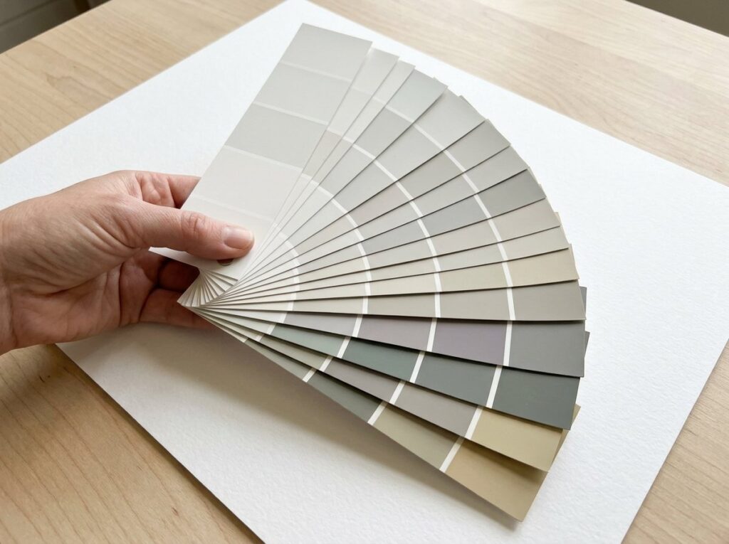 Hand holding neutral paint color strips against white paper to compare their undertones
