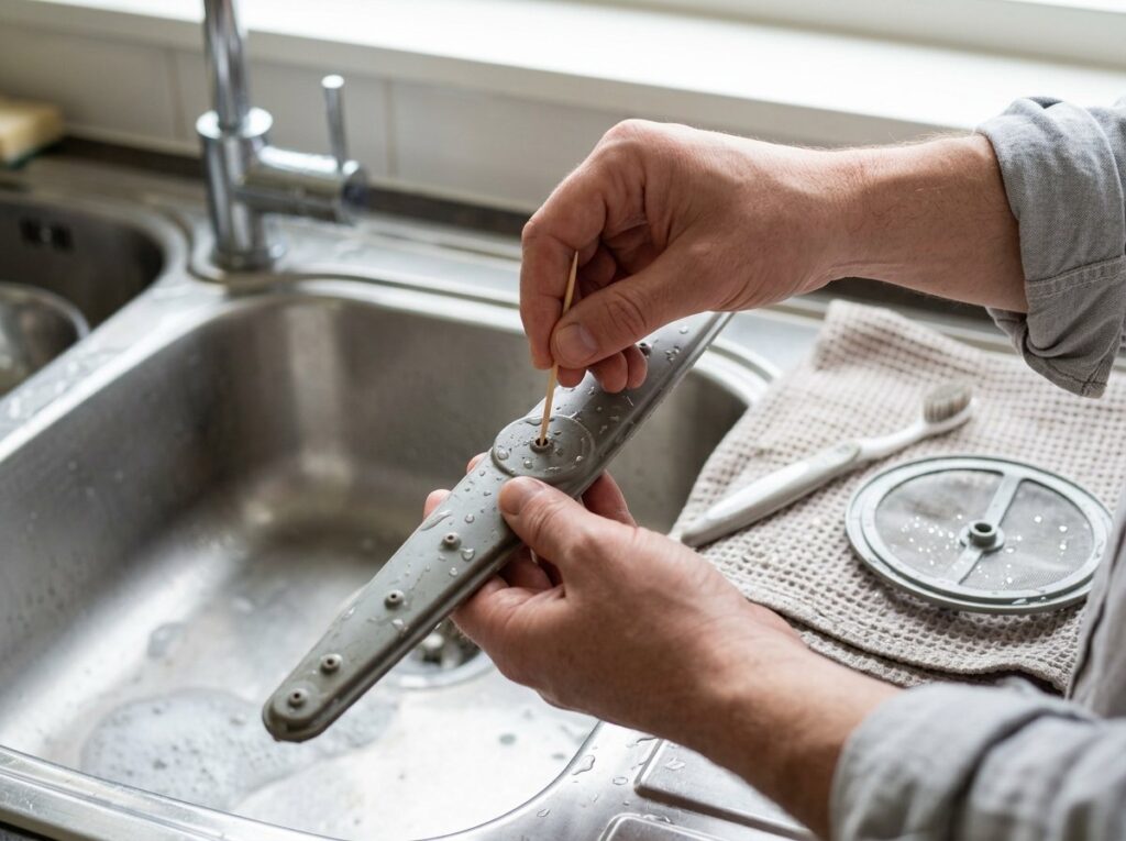 Hand clearing a blocked dishwasher spray arm hole with a toothpick next to a cleaned mesh filter