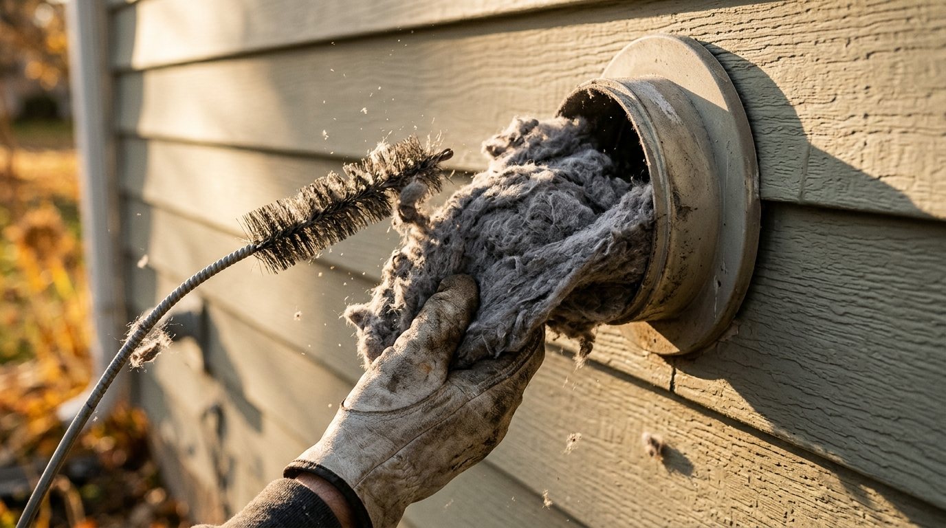 Gloved hand pulling a thick wad of lint out of an exterior dryer vent hood next to a cleaning brush