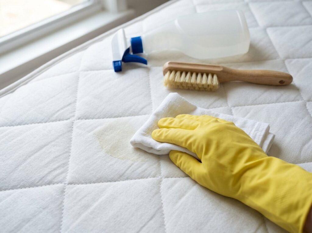 Gloved hand blotting a stain on a white mattress with a cloth, spray bottle and brush nearby