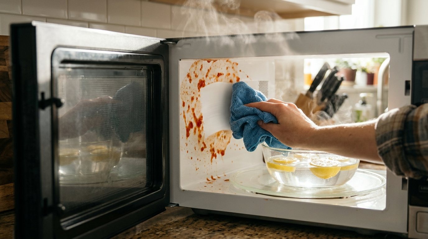 Steam rising from an open microwave with a bowl of lemon water as a hand wipes away softened food splatters