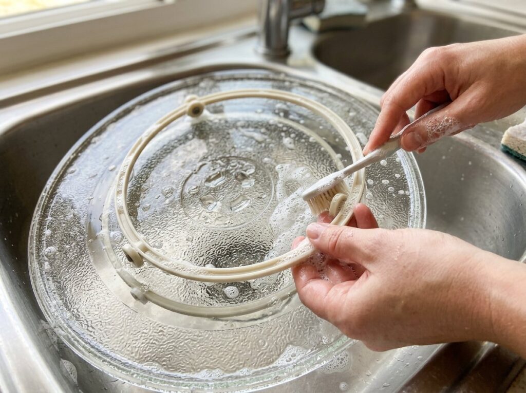 Hand scrubbing a microwave roller ring with a soft toothbrush beside a glass turntable in soapy water
