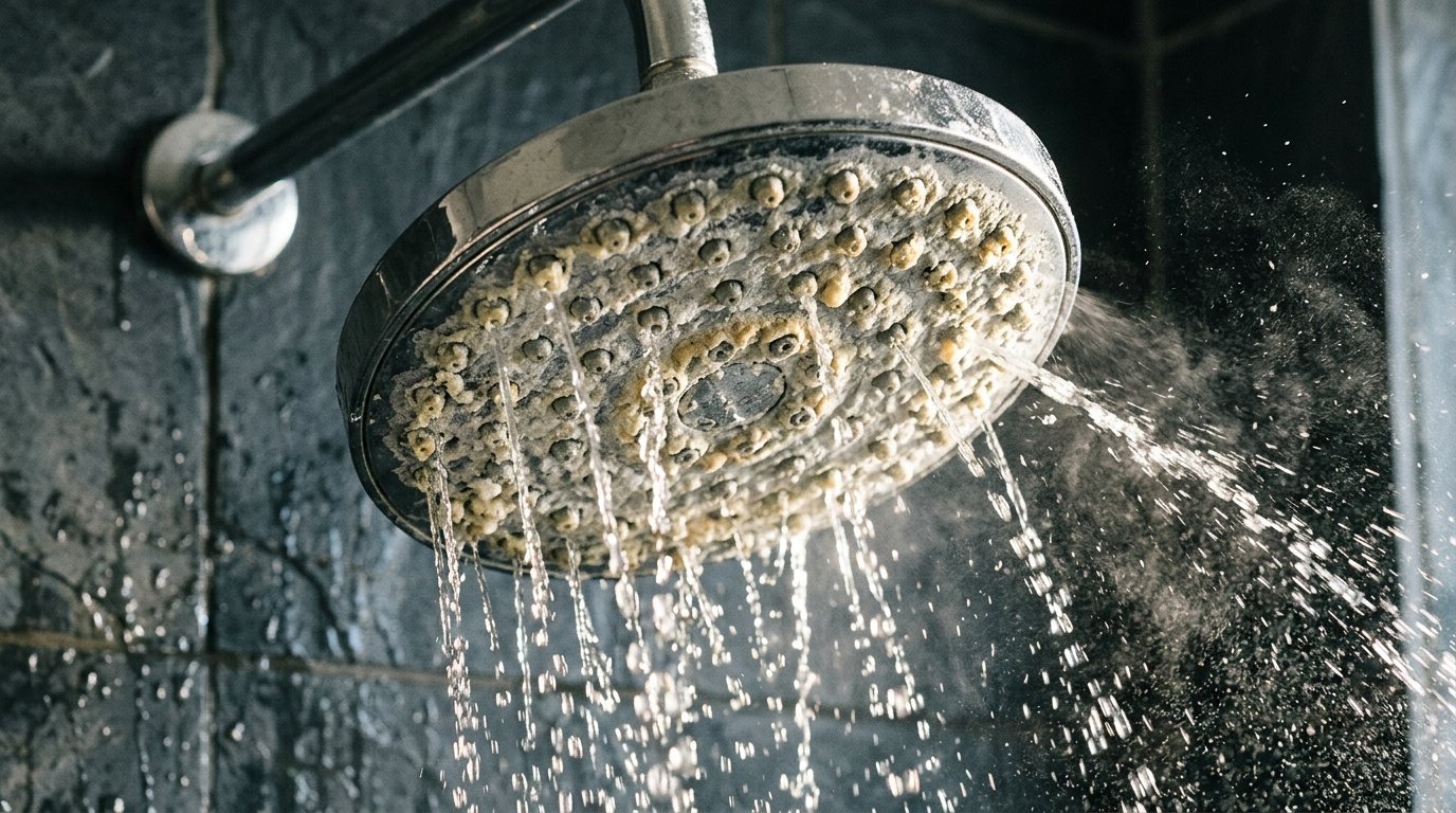 Chrome shower head crusted with white mineral scale spraying crooked, uneven streams of water