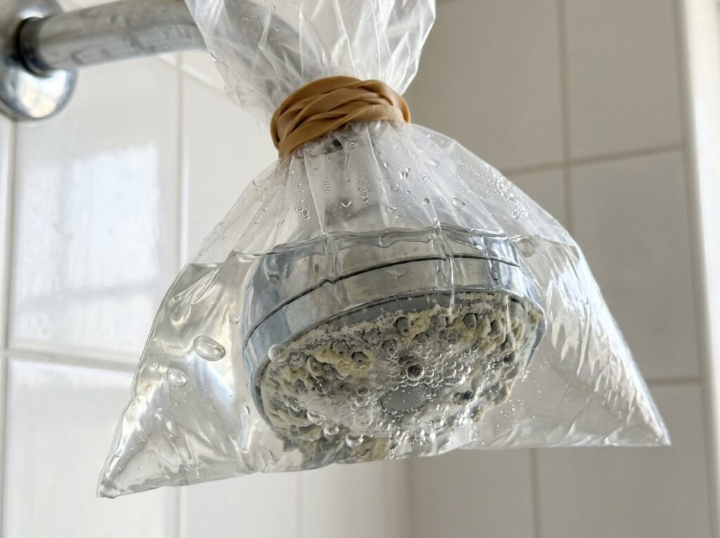 Shower head soaking in a plastic bag of white vinegar tied around the shower arm with a rubber band
