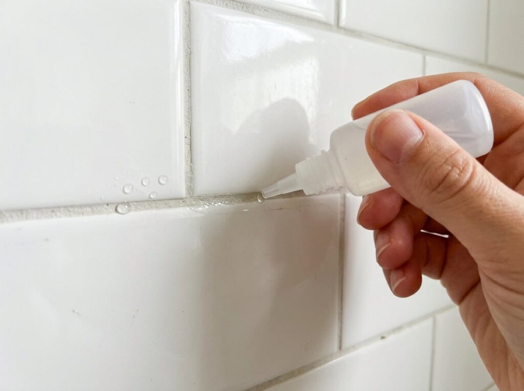 Applicator bottle sealing a clean grout line between white shower tiles, with water beading nearby