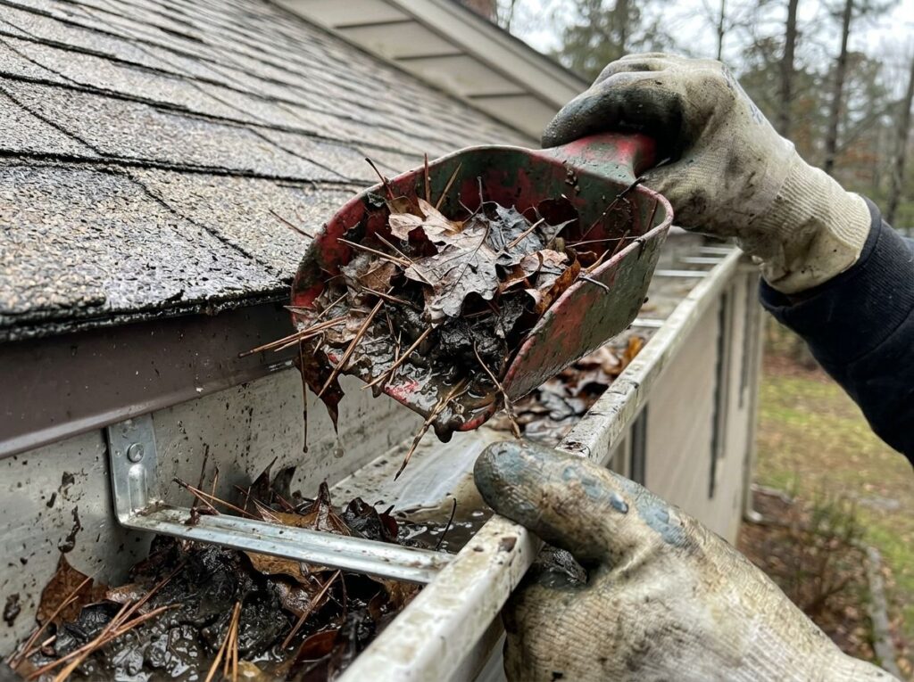 Gloved hands scooping leaves out of a gutter