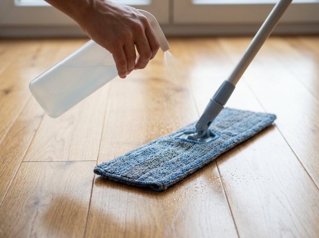 Hand misting cleaner onto a microfiber mop pad on glossy oak floorboards