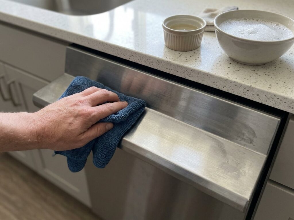 Hand buffing a stainless steel dishwasher front along the grain with a microfiber cloth and a little oil