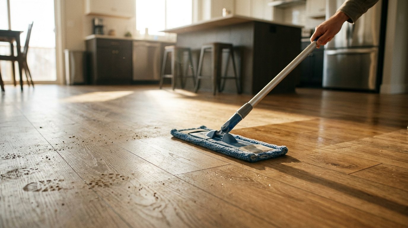 Microfiber mop cleaning a vinyl plank kitchen floor, showing a dull dusty half next to a clean glossy half
