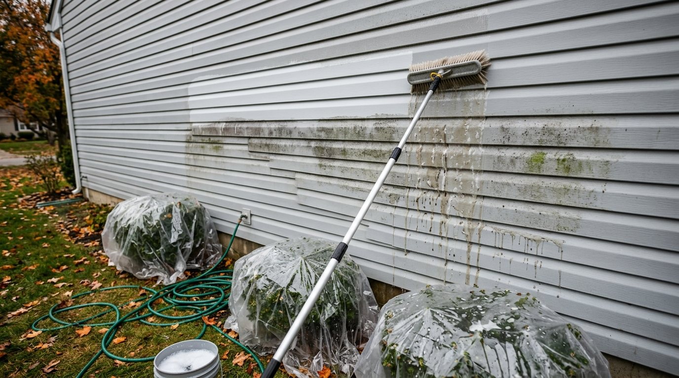 Soft brush on a pole scrubbing a clean stripe through green algae on gray vinyl siding