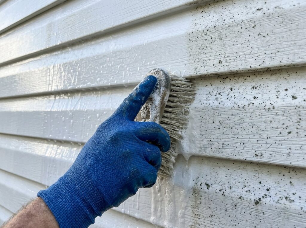 Gloved hand scrubbing mildew off white vinyl siding with a soft-bristle brush and soapy water