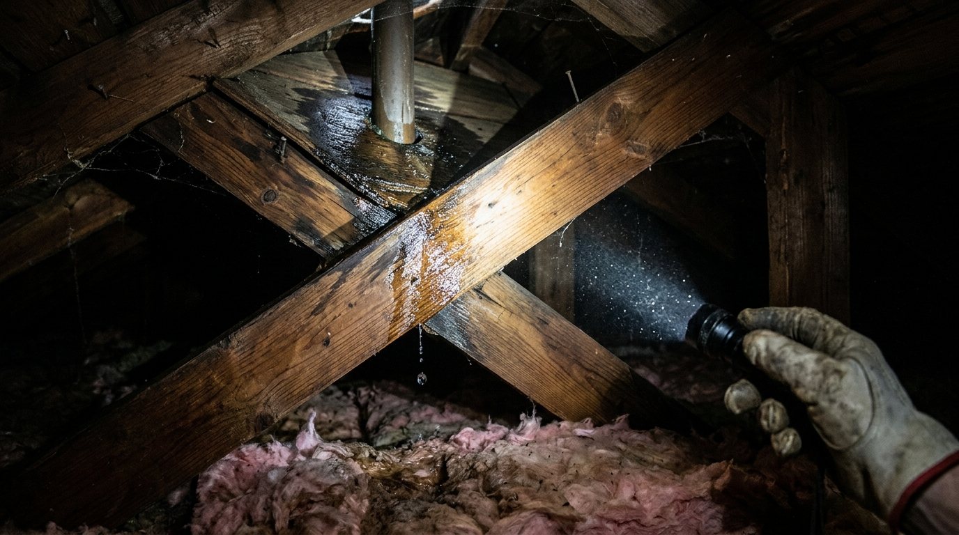 Flashlight beam revealing water running down an attic rafter from a leak around a plumbing vent pipe