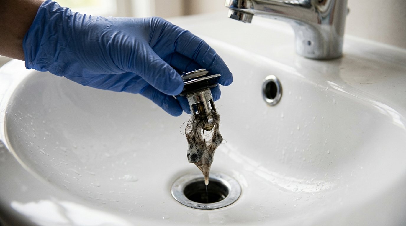 Gloved hand pulling a chrome pop-up stopper with a clump of hair out of a white bathroom sink drain