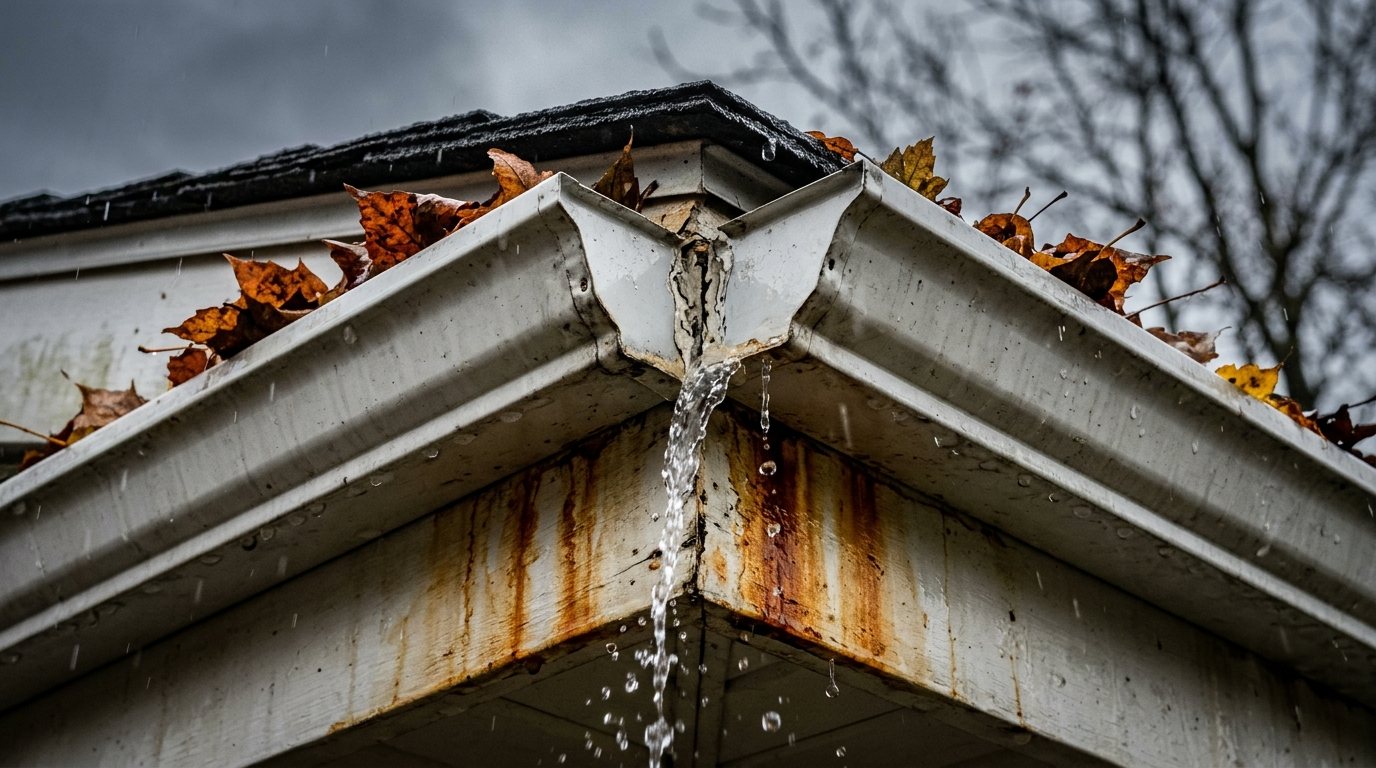 Water dripping from a leaking seam at the corner of a white aluminum gutter during rain